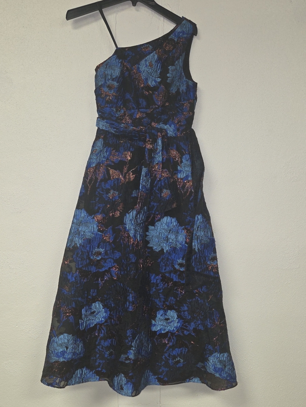 Aidan Mattox One-Shoulder Black and Blue Floral Evening Gown